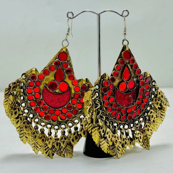 Handmade Afghan Kuchi Earrings: Red Glass Boho Jewelry - Picture 5 of 12